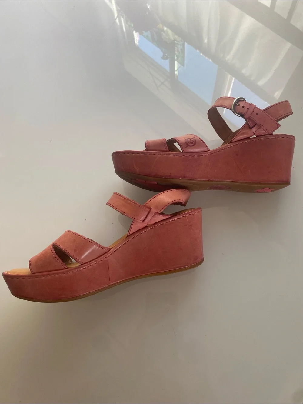 Born leather Pink Wedge Sandals with Buckle Strap